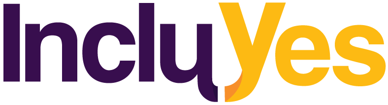 Logotipo de IncluYes. Sobre fondo blanco, las letras de “Inclu”
en color morado y las letras de “Yes” en color amarillo.
